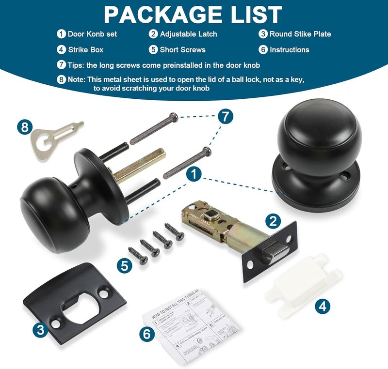RAZCC Passage Door Knobs, 1 Pack Matte Black Door Knobs, for Hallway & Closet Non-Locking Interior Round Door Handles Keyless Reversible for Left Right Handed Doors - Image 2